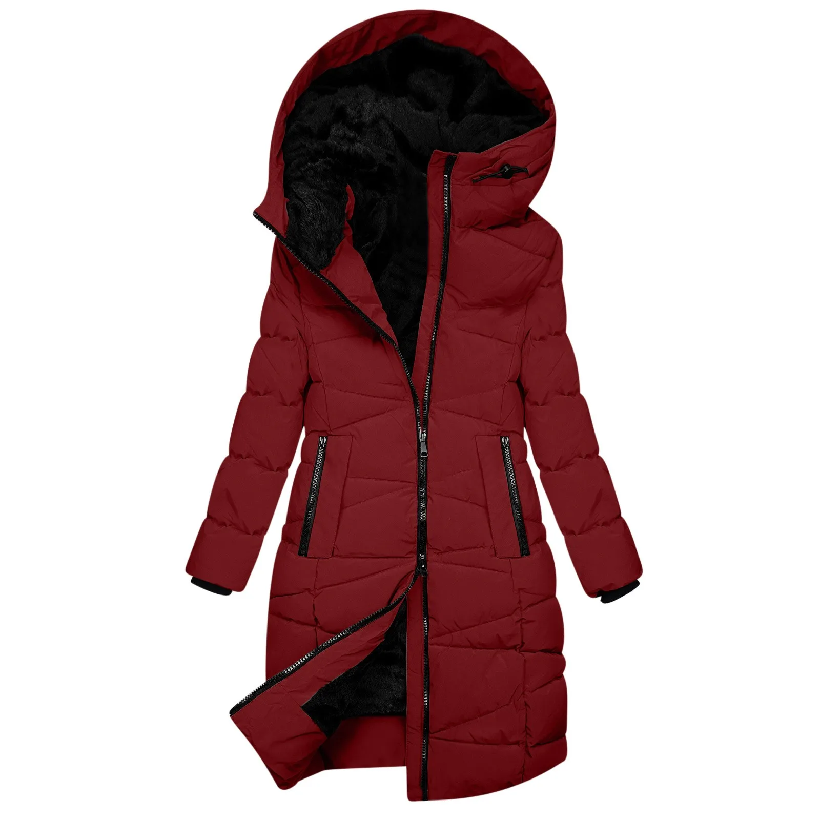 Women's Mid Length Down Coat Hooded Fleece Lined for Warmth Comfort Fleece Lined Padded Outerwear Coats Women Jackets