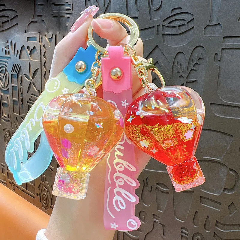 Creative Hot Air Balloon Liquid Quicksand Keychain Cute Floating Color Glitter Acrylic Keyring Women Bag Charm Pendant Key Chain