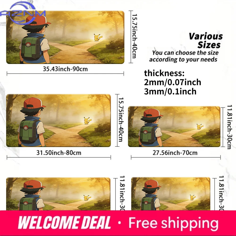 Ash & Pikachu Forest Adventure Large Gaming Mouse Pad, Non-Slip Rubber Base Desk Mat, Stitched Edge Playmat for Game & Offic