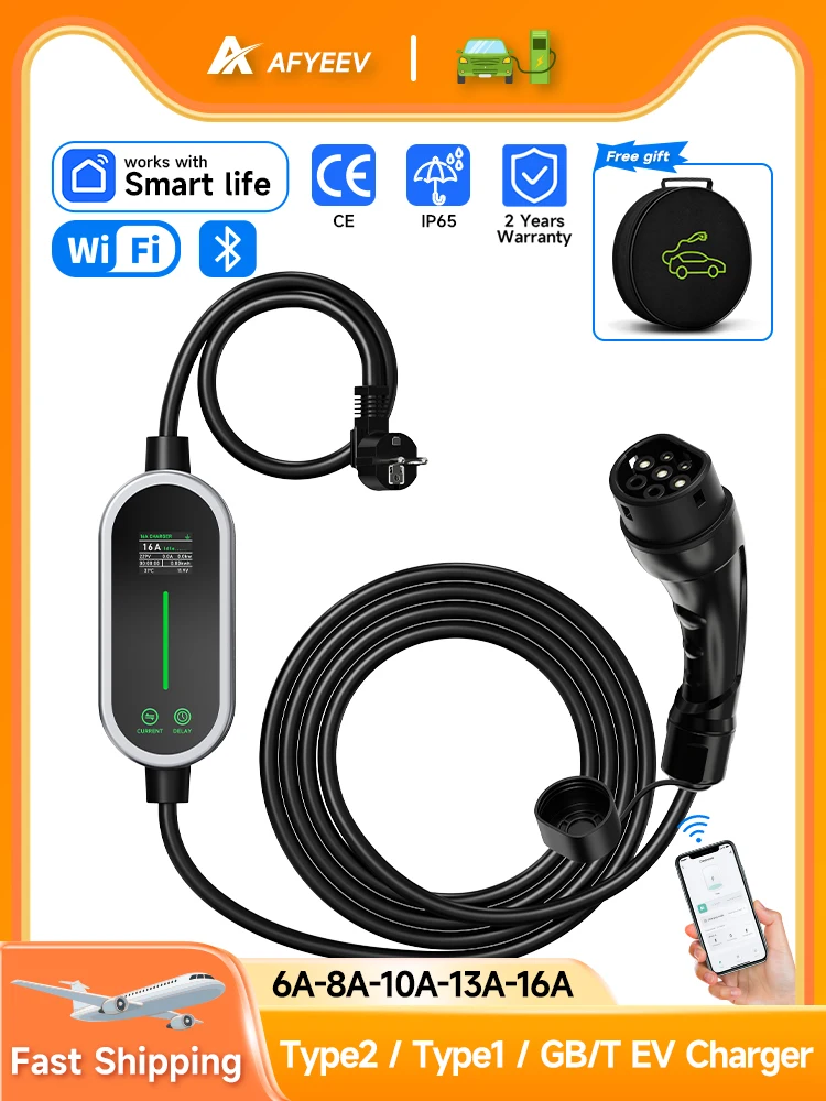 AFYEEV 3,6 kW 16 A Typ 2 intelligentes tragbares EV-Ladegerät Typ 1 GB/T EVSE-Ladekabel WiFi Bluetooth APP Fernbedienung 5 m & 10 m