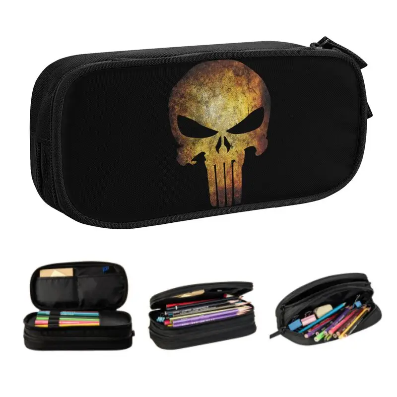 Custom Korean Punisher Skull Pencil Cases for Boys Gilrs Large Storage Pen Bag Box School Accessories