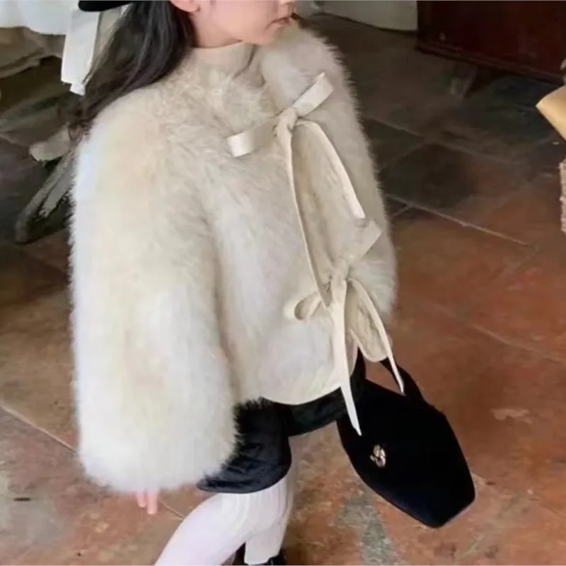 Fashion Baby Girl Faux Fur Jacket Bow Tie Infant Toddler Child Warm Fluffy Coat Winter Spring Autumn Outwear Baby Clothes 1-7Y