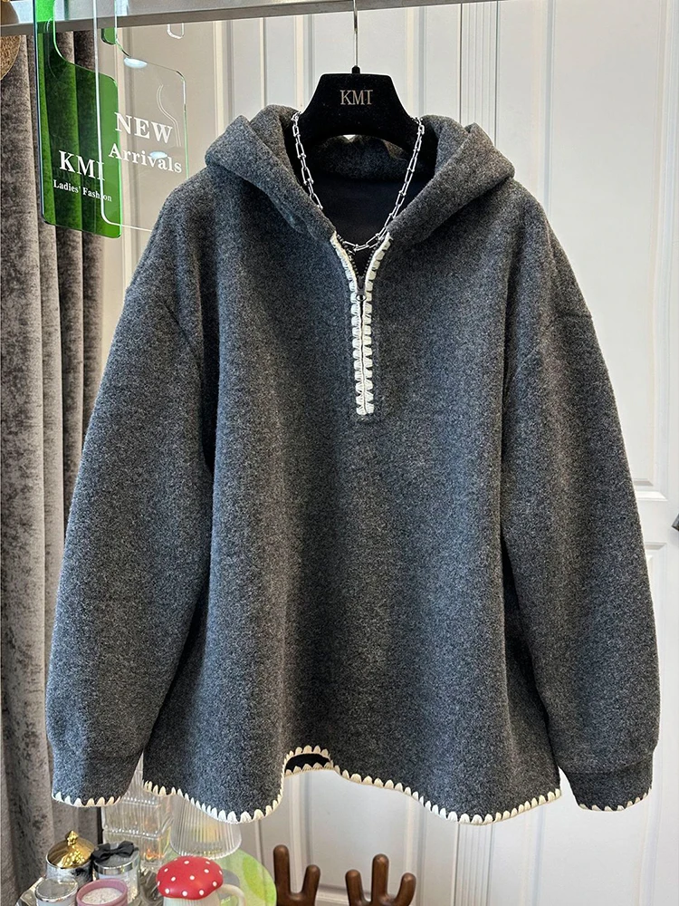 플러스 사이즈 여성용 안감 후드티 특별 대형 M300 푸 컬러 블록 지퍼 디자인 트렌디 겨울 신상품