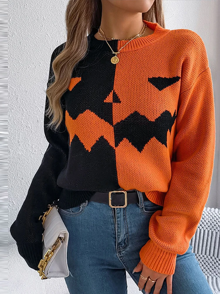 Pumpkin Contrasting Women's Sweater Round Neck Knitted Pullover Long Sleeved Warm Top Halloween Ghost Sweater Autumn Winter