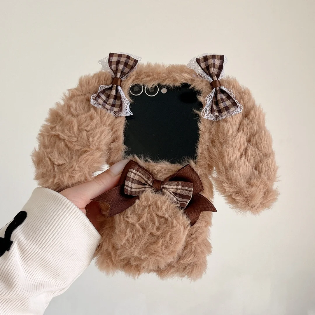 

3D Cute long Ear Rabbit Bowknot Fluffy Phone Case For Samsung Z Flip 3 4 5 6 7 Flip5 Case Shockproof Winter Plush Fur Back Cover