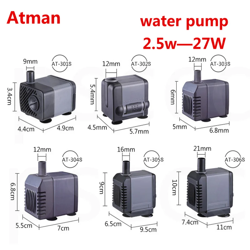 ATman 2.5W 5W 6W 8W 13 27W fishtank waterpump Submersible Water Fountain Pump Filter Fish Pond Aquarium Water Pump Tank Fountain