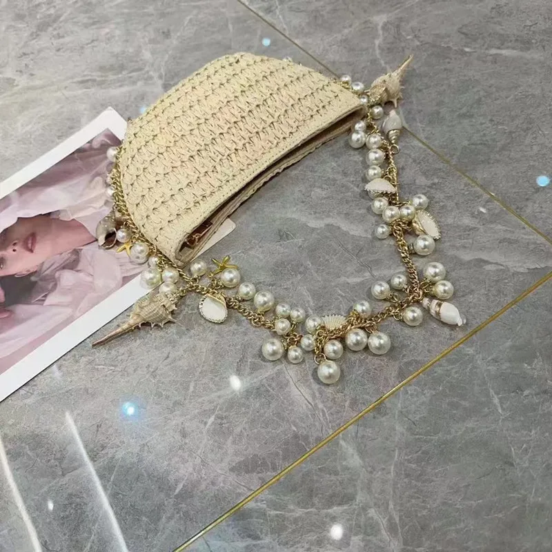 Nowa perła pleciona torba z trawy muszli na wakacje na plaży damska torba na telefon — zdjęcie 6