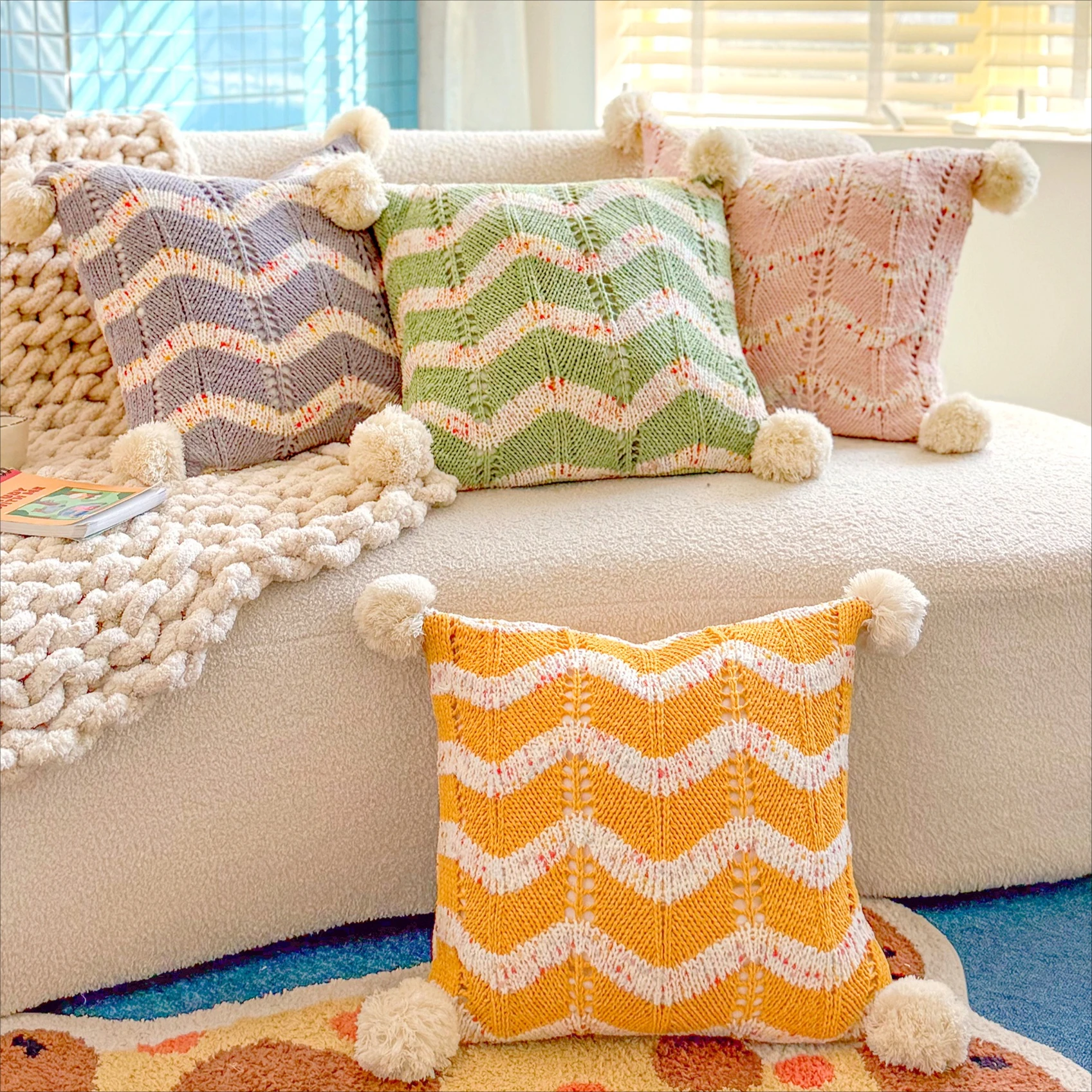 Knitted Zigzag Pillow Cover 45x45cm Soft Cozy With Pompom Ball Yellow Green Pink Knitting Cushion Cover for Living Room Bedroom