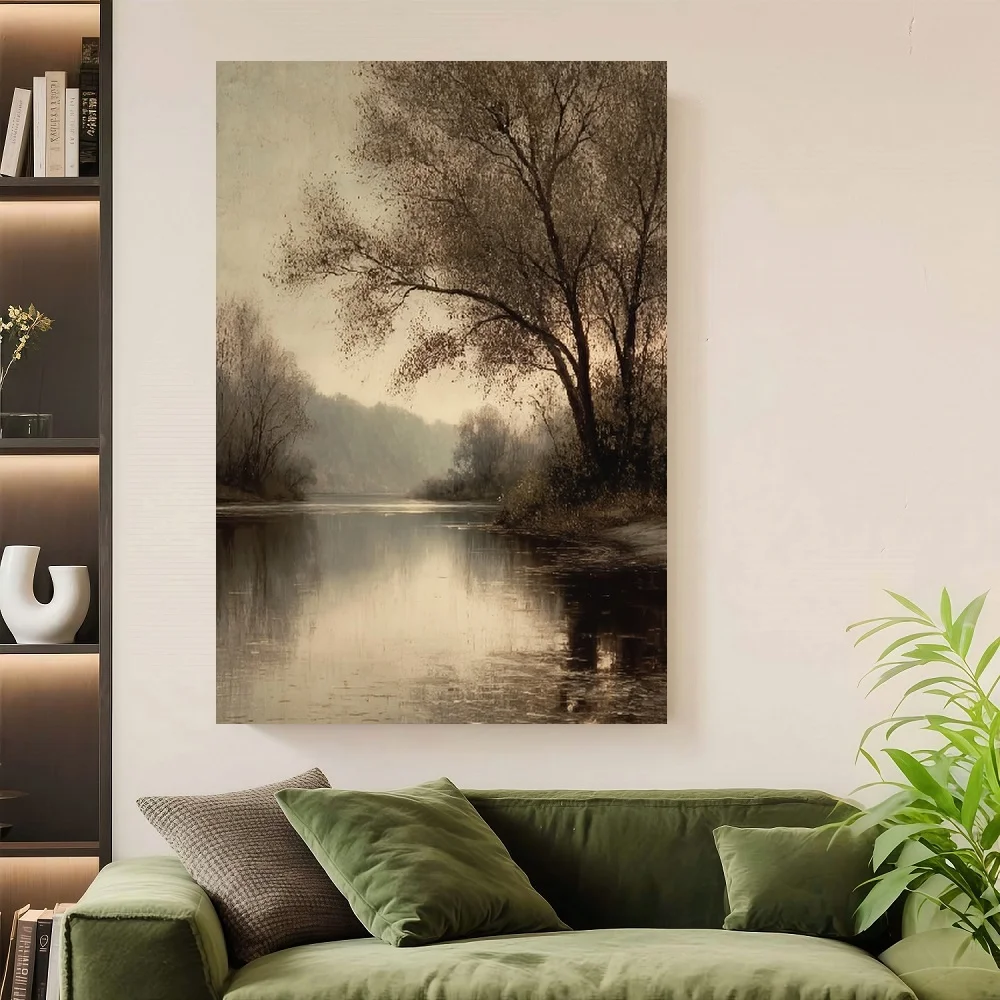 

Framed Flat, Flat, FLAT 1pc Vintage Dark Moody River Tree Retro Canvas Poster Vintage Landscape Countryside Wall Art Print Rusti