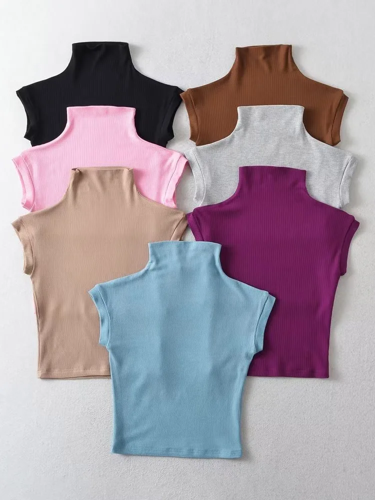 Fashion Small Turtleneck Tops 2023 Summer Woman Slim Fit T-shirt Tight Cotton Short-Sleeve Tee Tops 7 Colors