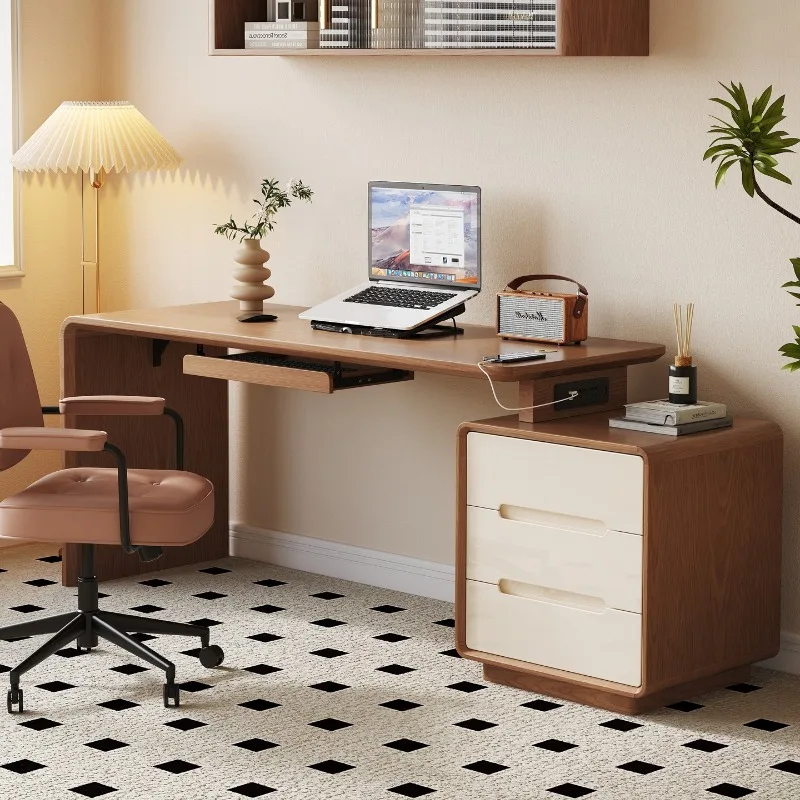 

Solid wood desk computer desk household corner desk bedroom chest integrated retractable bedside table double study table