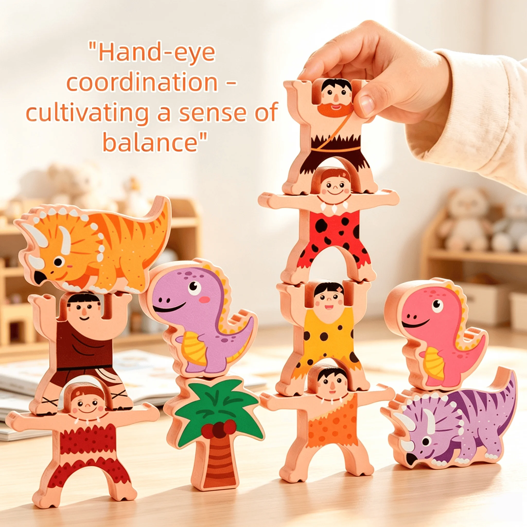 Montessori Wooden Balance Stacking Toys Dinosaur And Primitive Man Theme Building Blocks Balance And Concentration Training 3+Y
