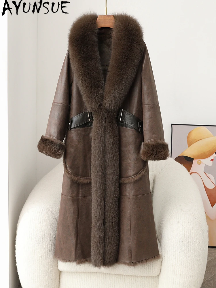AYUNUSE Natural Rabbit Fur Women's Coat 2025 Winter Mid Length Fox Fur Collar Coats for Woman Clothes High Quality Кофта С Мехом