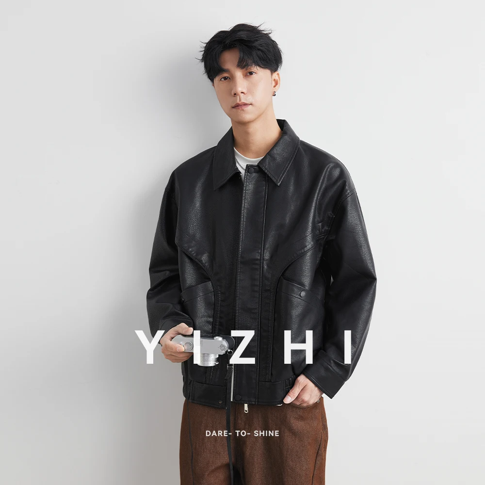 Vestes en cuir PU pour hommes, tendance, classique, couleur unie, jambe droite, décontractée, revers, manteaux sociaux polyvalents, hauts Streetwear