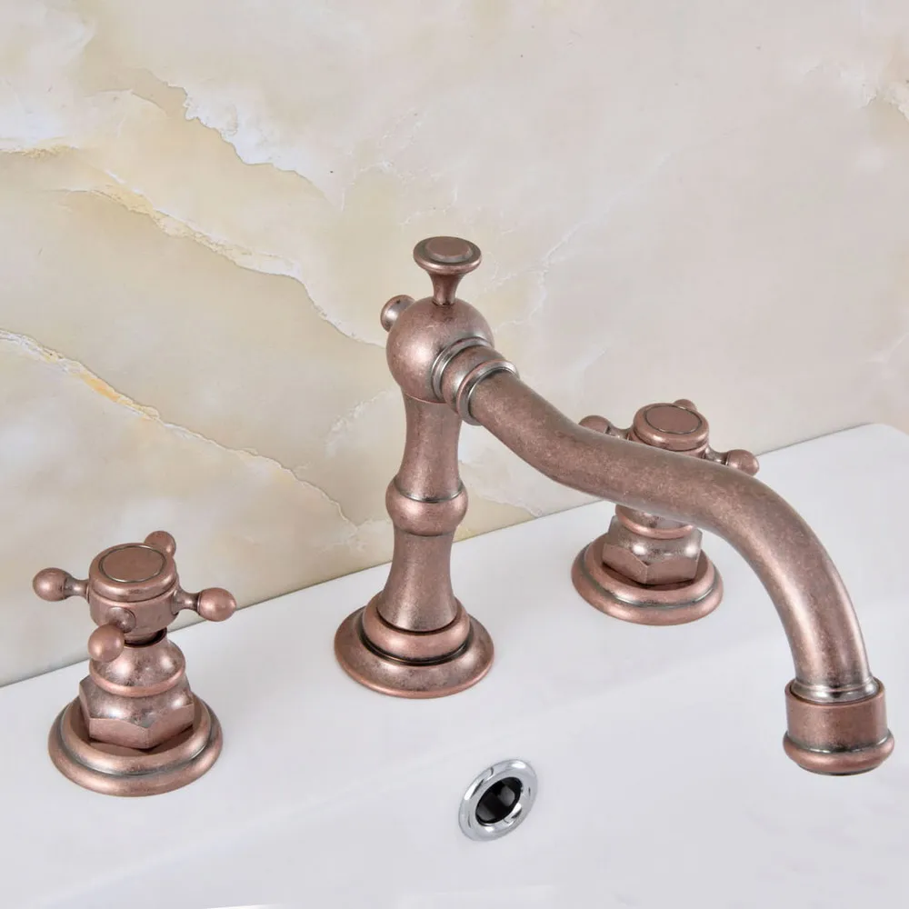 Immagine 3: Rubinetto miscelatore per lavabo a 3 fori, a montaggio su piano, con doppia maniglia, in rame anticato rosso Roma, modello msf630