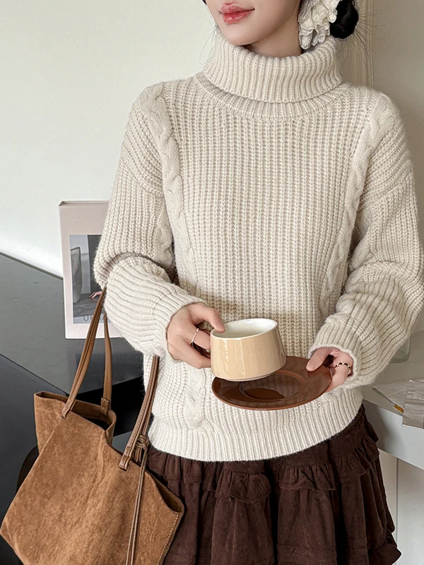 

Thiened Knitted High Collar Women's Sweater Autumn Winter New Sle Casual Loose Fit Soft Polyester Fiber Warm Pure Color