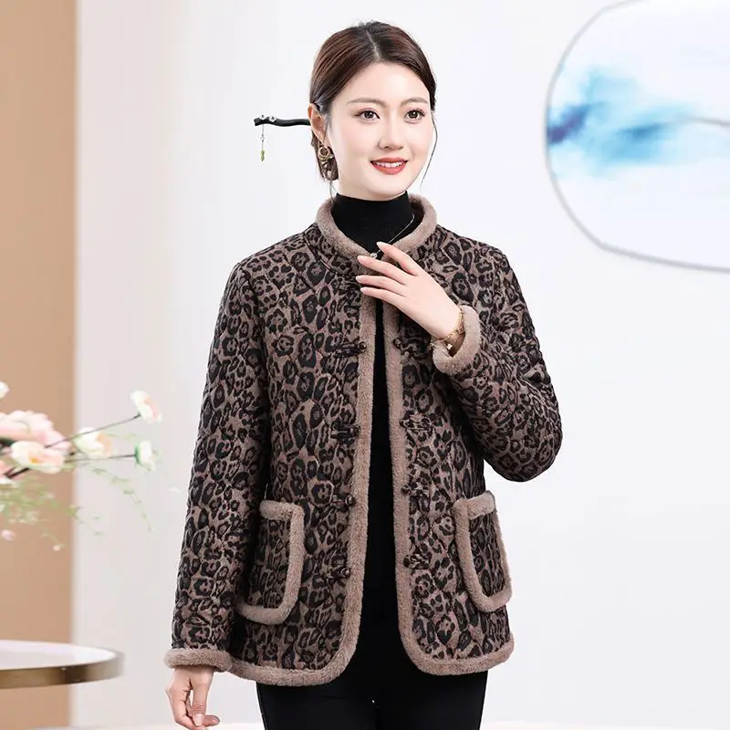 Winter Warm Fleece Lining Parka Vintage Print Women Fleece-lined Coat Single-breasted Winter Outerwear Long-sleeved Top Trend