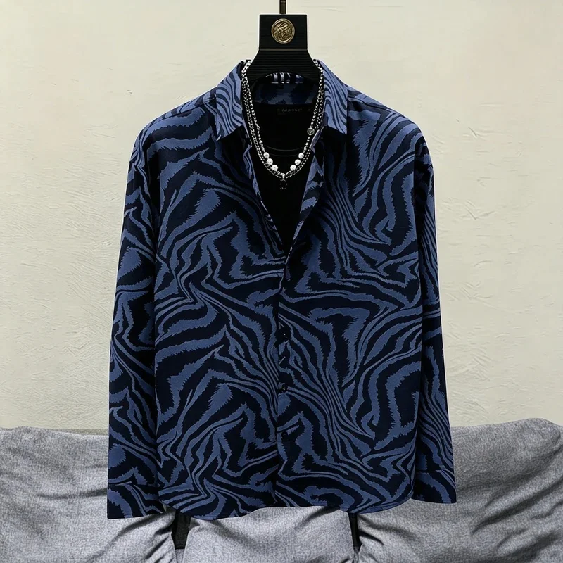 Men's Zebra Print Long-Sleeved Shirt, Loose-Fitting and Draped Printed Collared Shirt, Trendy, Casual, and Versatile Top.