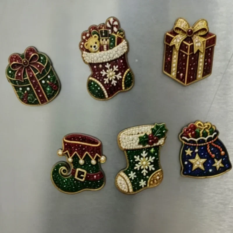6 Sets of DIY Diamond Art Painting Kits, Acrylic Material Christmas Snowman Pattern with Magnet Decoration Fridge Magnets