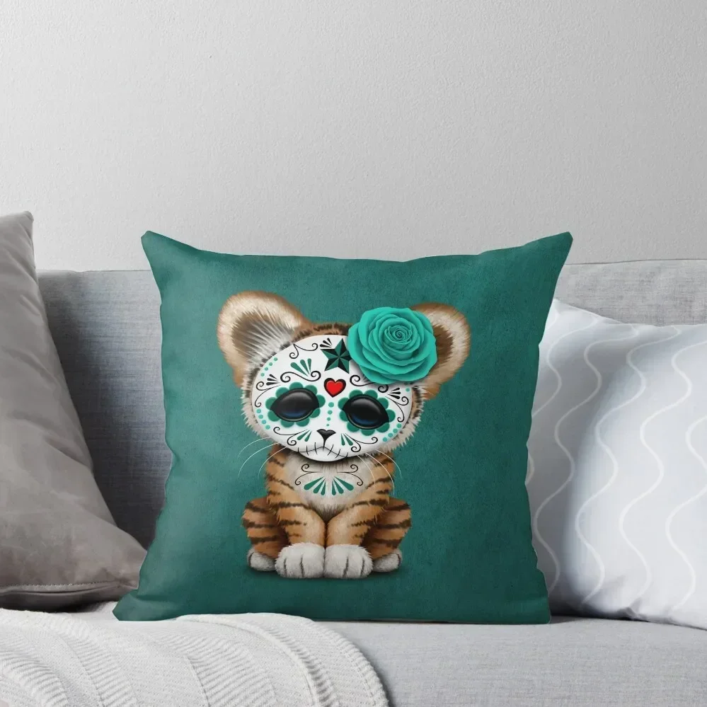 

Blue Day of the Dead Sugar Skull Tiger Cub Throw Pillow ornamental pillows Sofa Decorative Covers Christmas Pillow Covers pillow