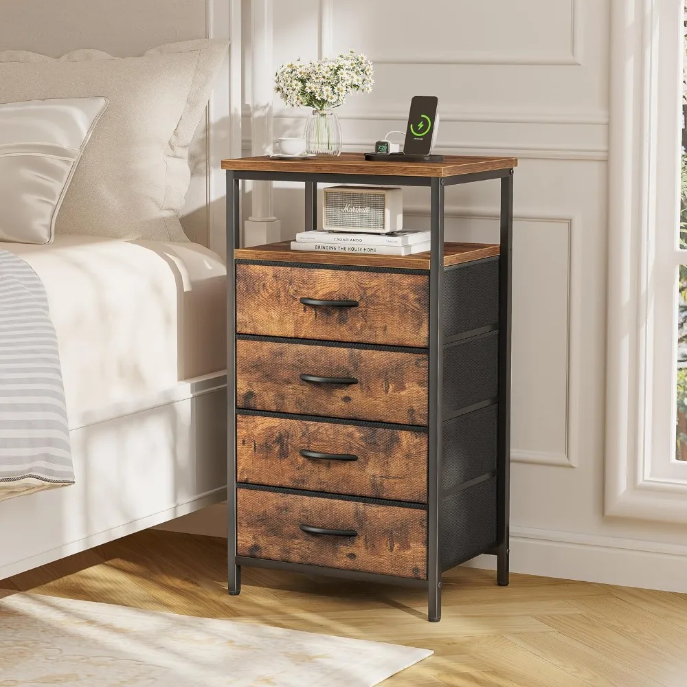 

27.6" Side Table with Fabric Drawers, Nightstand with USB Port and Socket, Bedroom Nightstand, Brown