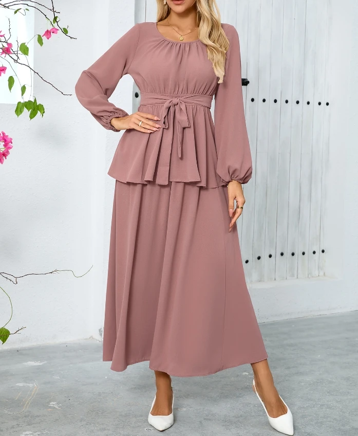 Women's Fashion New Two-Piece Set Elegant Round Neck Lantern Long Sleeved Top Long Skirt Mid Skirt Two-Piece Set Skirt