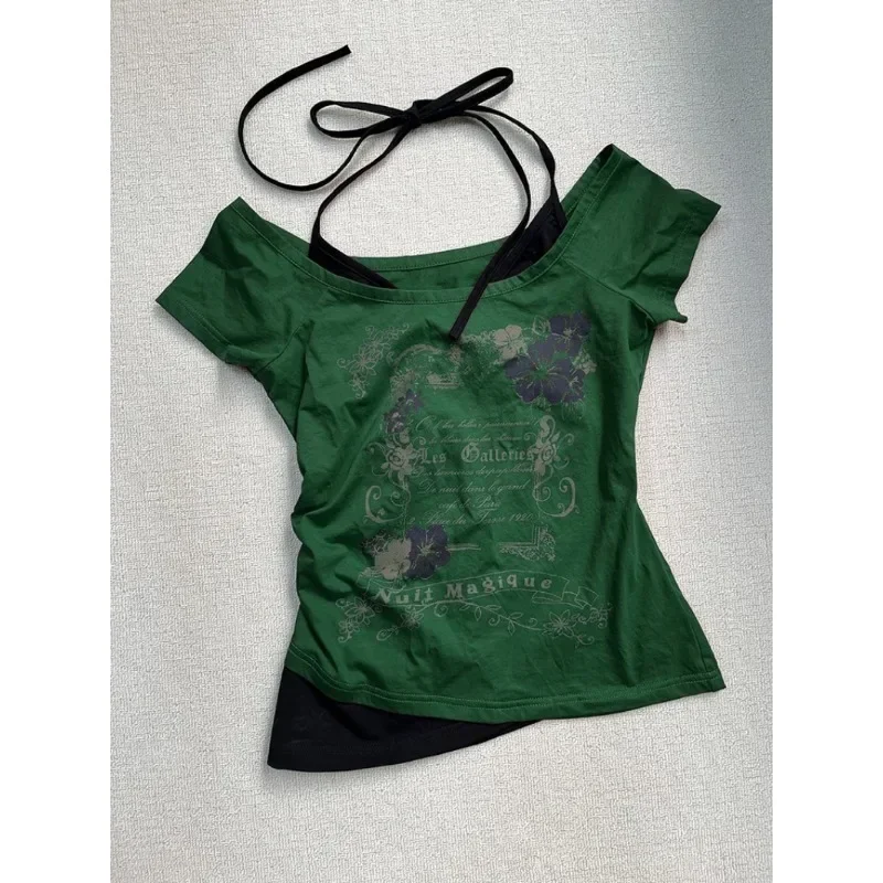 Y2k T-shirt for Women American Vintage Print Halter Neck Fake Two Summer 2025 Sweet sexy style Short Sleeved T-shirts
