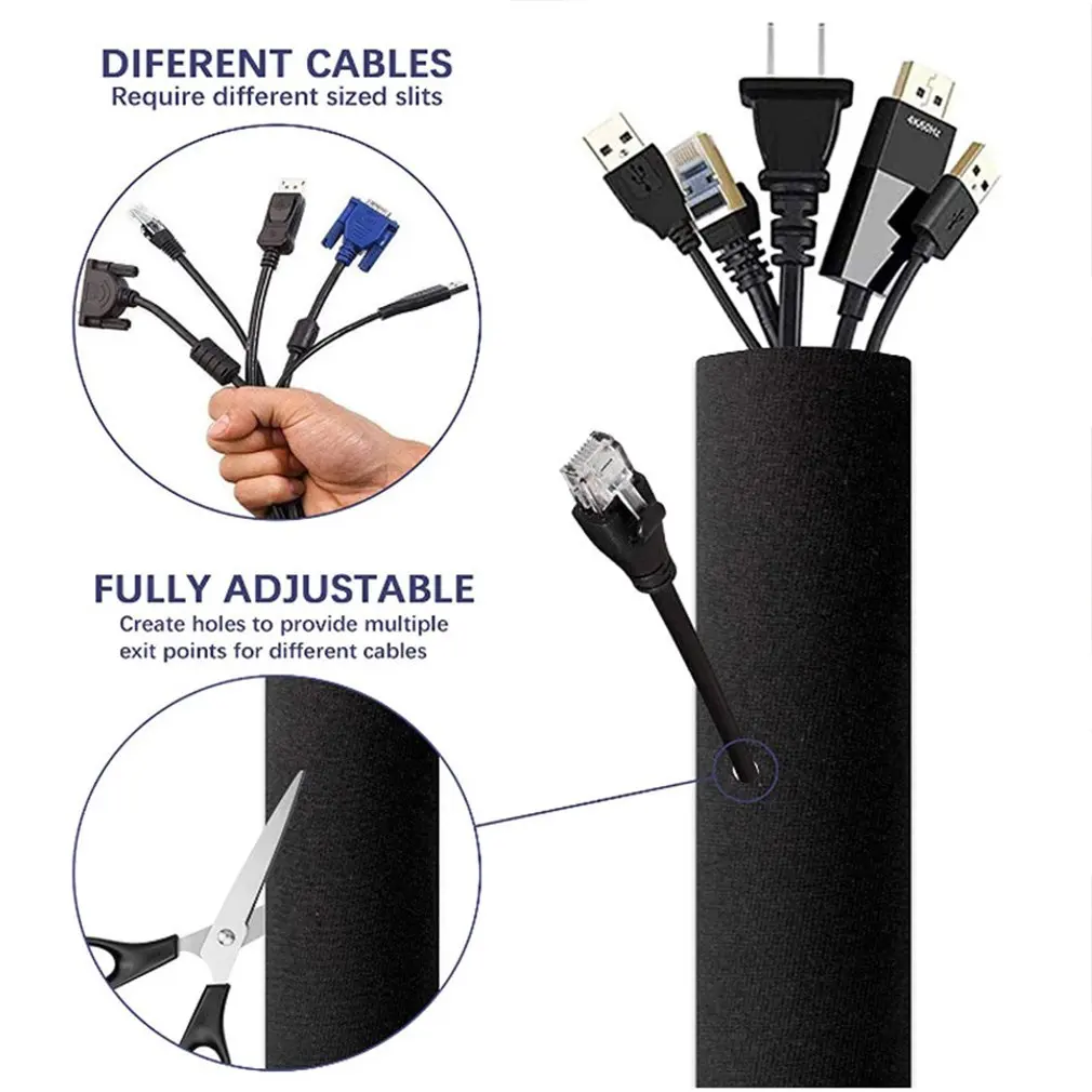 Cable Management Sleeve With Zipper Office Computer Power Cord Data Cable Storage And Sorting Winding Sleeve