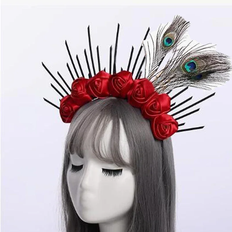 NEW Peacock Feathers Rosebud Gold Spike Halo Crown  Headpiece  Wedding Bride Hair Band Tiara