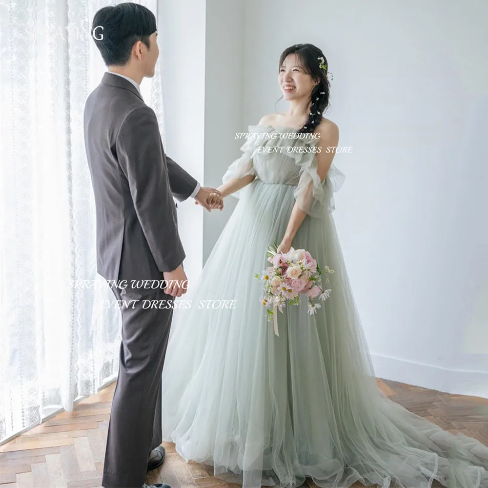 SPRAYING Fairy Trägerloses Tüll Grün Korea Hochzeit Fotoshooting Kleider A-Linie Bodenlanges Falten Maßgeschneidertes Korsett Abendkleid