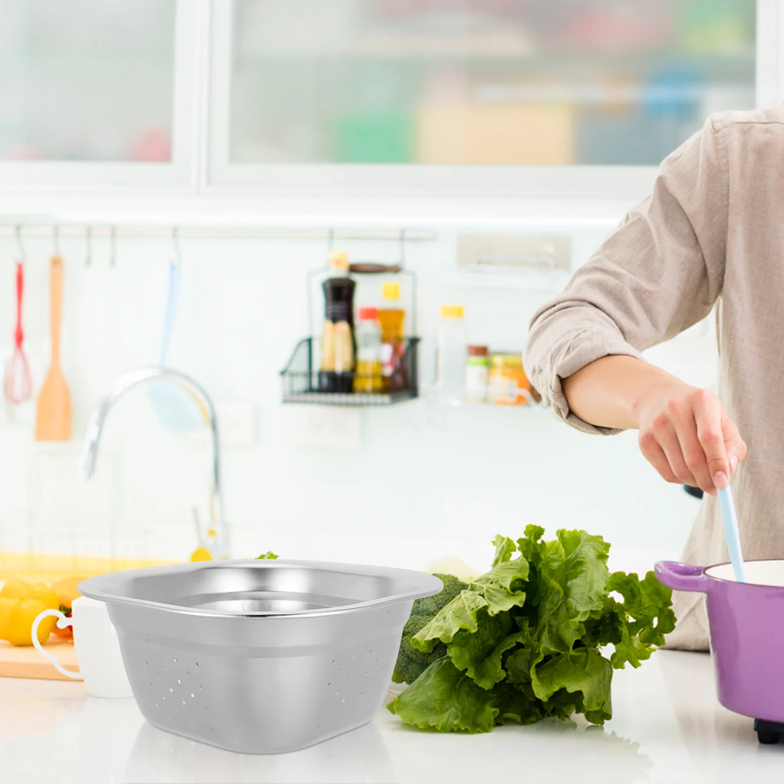 

Stainless Steel Washing Colander Basin Large Capacity Vegetable Fruit Rice Strainer Thick Metal Kitchen Gadgets