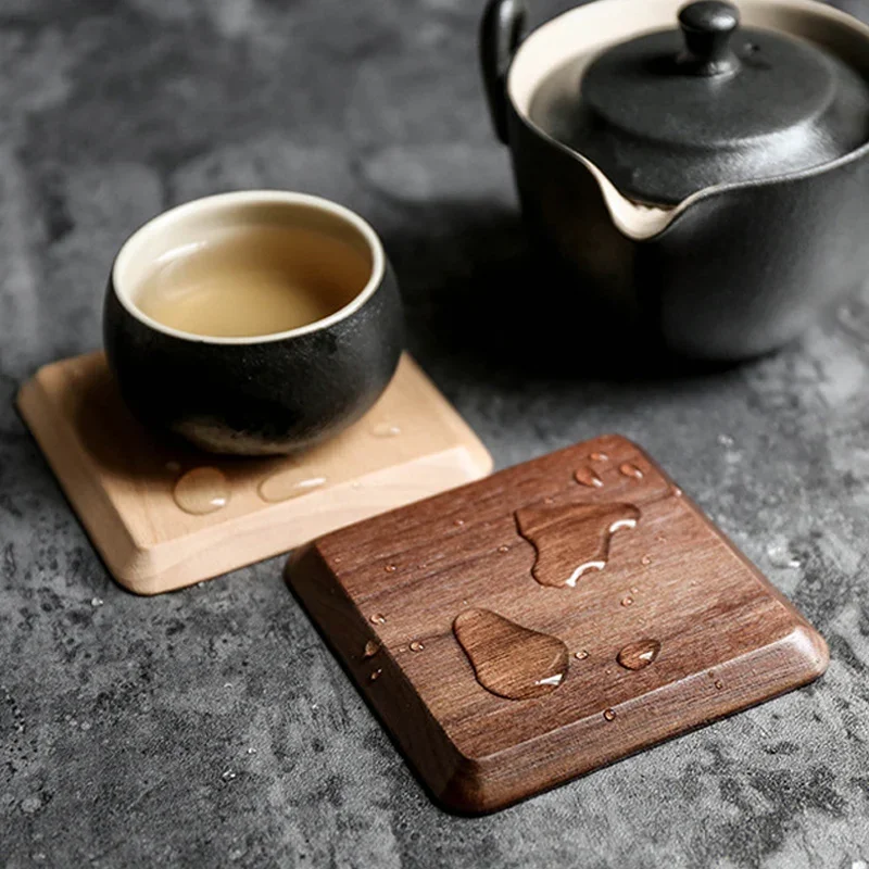 6Pcs Wood Coaster Set with Holder Square Wooden Drink Coasters Cup Mats Black Walnut Coffee Coaster Placemats Table Accessories