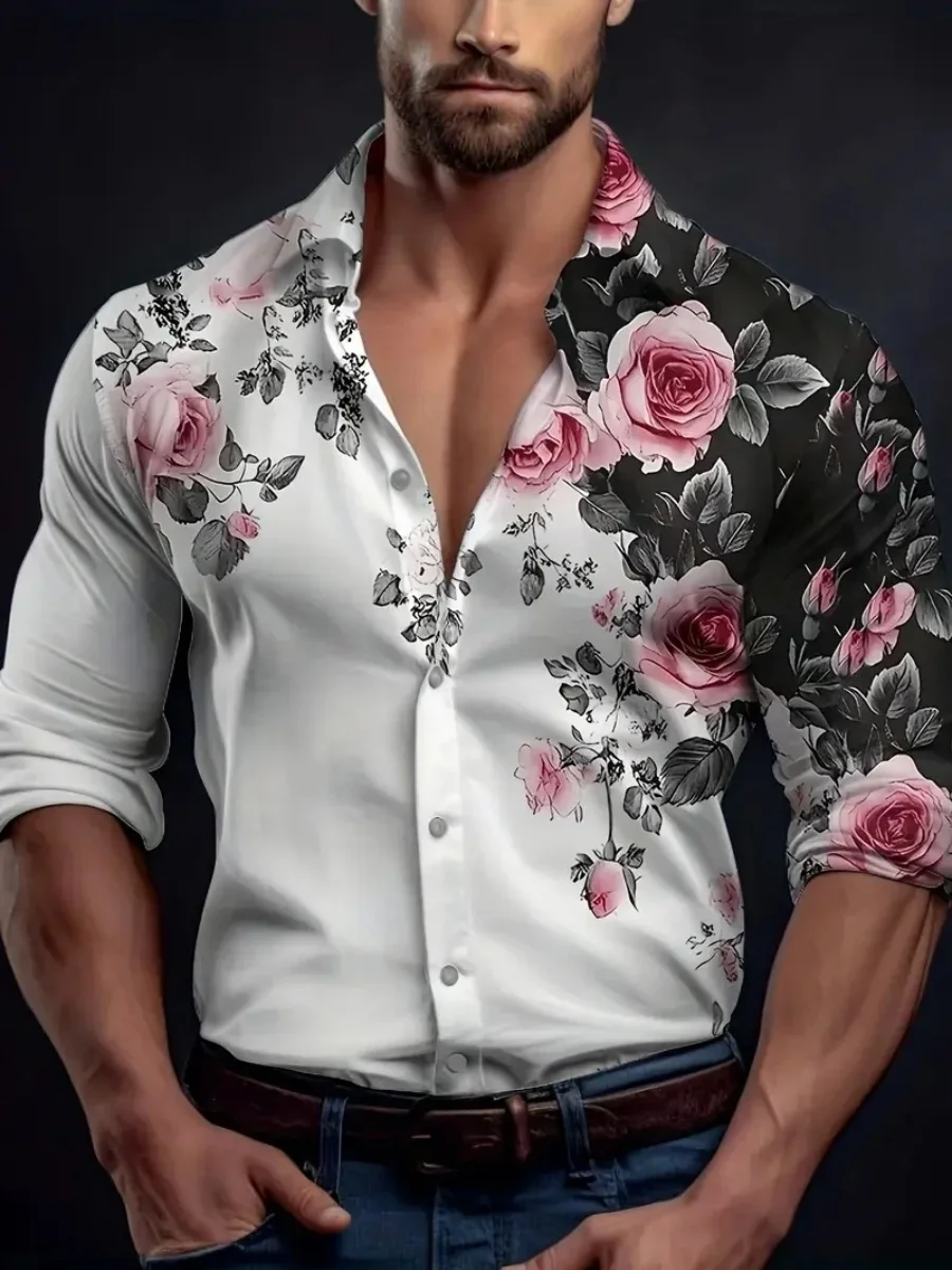New Men's Business Collarless Casual Shirt with Floral Pattern Long-sleeved Design Suitable for Daily Wear Comfortable Fabric