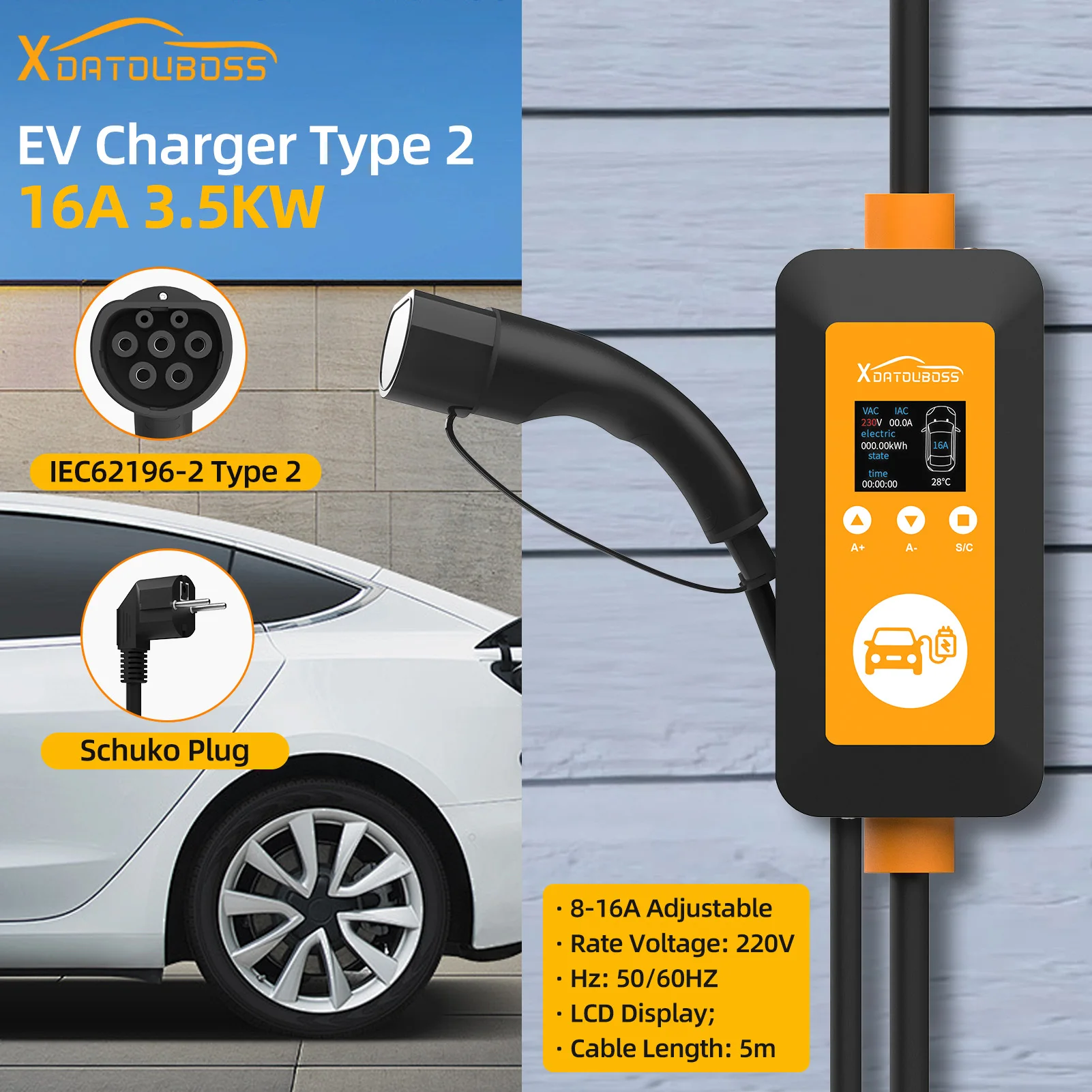 

Datoboss EV Charger Type 2 charger 3.5KW Electric Car 8-16A Adjustable With Timer Function LCD Display for EVS Schuko Plug 5m