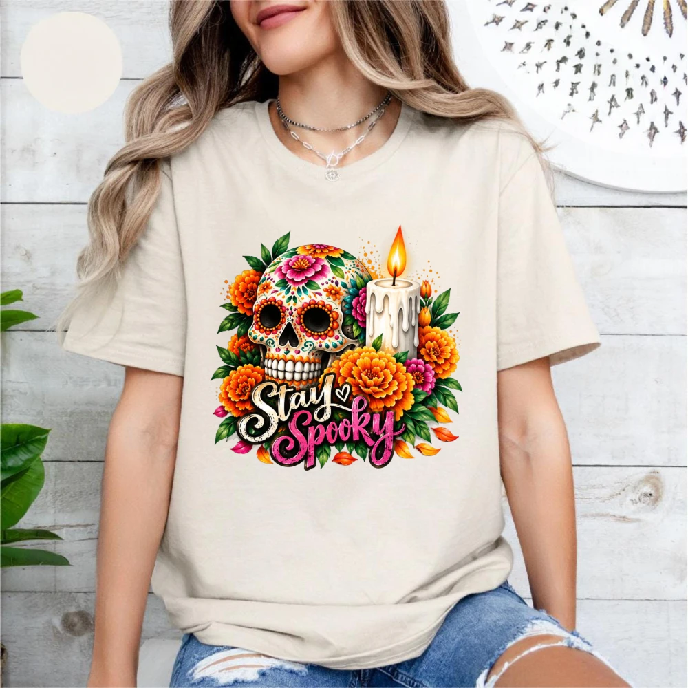 Stay Spooky Shirt Sugar Skull Day of the Dead Printing Tshirt Marigold Flowers Dia de los Muertos Tee Mexican Halloween Shirt