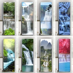 Waterfall Photo Printed Fridge Door Sticker Waterproof PVC Natural Landscape Waterfall Forest Kitchen Decorative Wallpaper