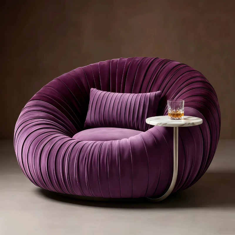 Luxury pleated purple velvet single sofa curved marble integrated modern leisure armchair living room home office dining room