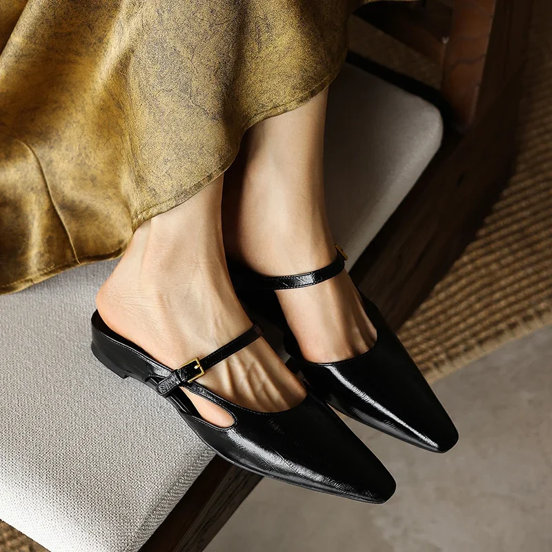 Genuine Patent Leather Mules Women Chic Mary Jane Closed Toe Slippers Low Block Heel Backless Loafers Summer Casual Dress Shoes