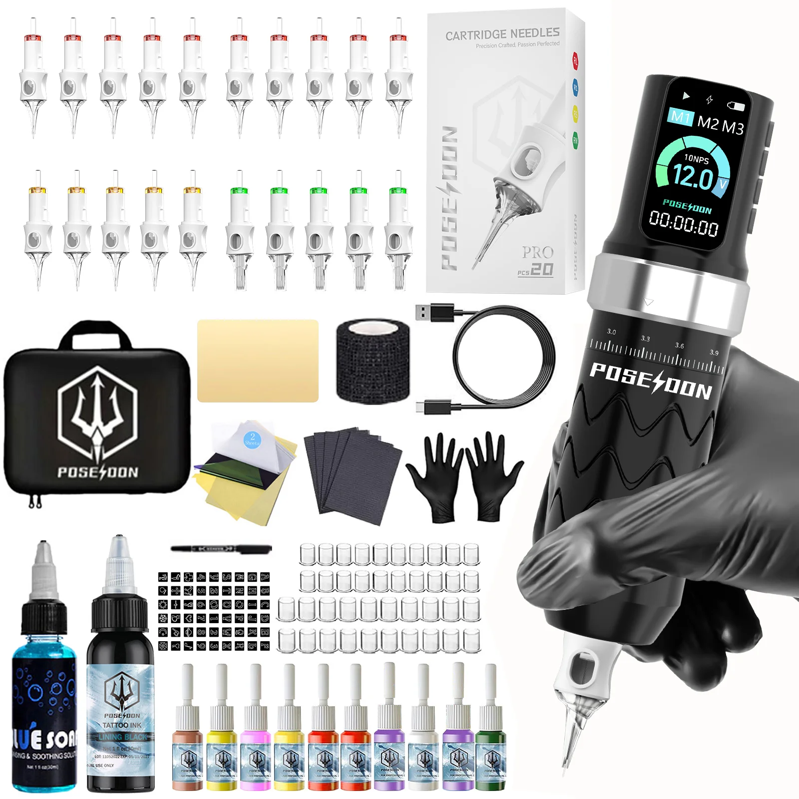 

POSEIDON Tattoo Kit V6 20Pcs Tattoo Needles Tattoo Machine Kit Technolog Adjustable Wireless Tattoo Power Supply Tattoo Gun Kit