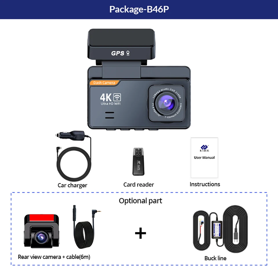 E-ACE Mini 4K Dash Cam GPS WIFI 24H Parkplatz Dual Objektiv Vorne Und Rückansicht Nachtsicht USB Power Black Box Auto Dashcam Auto Dvr