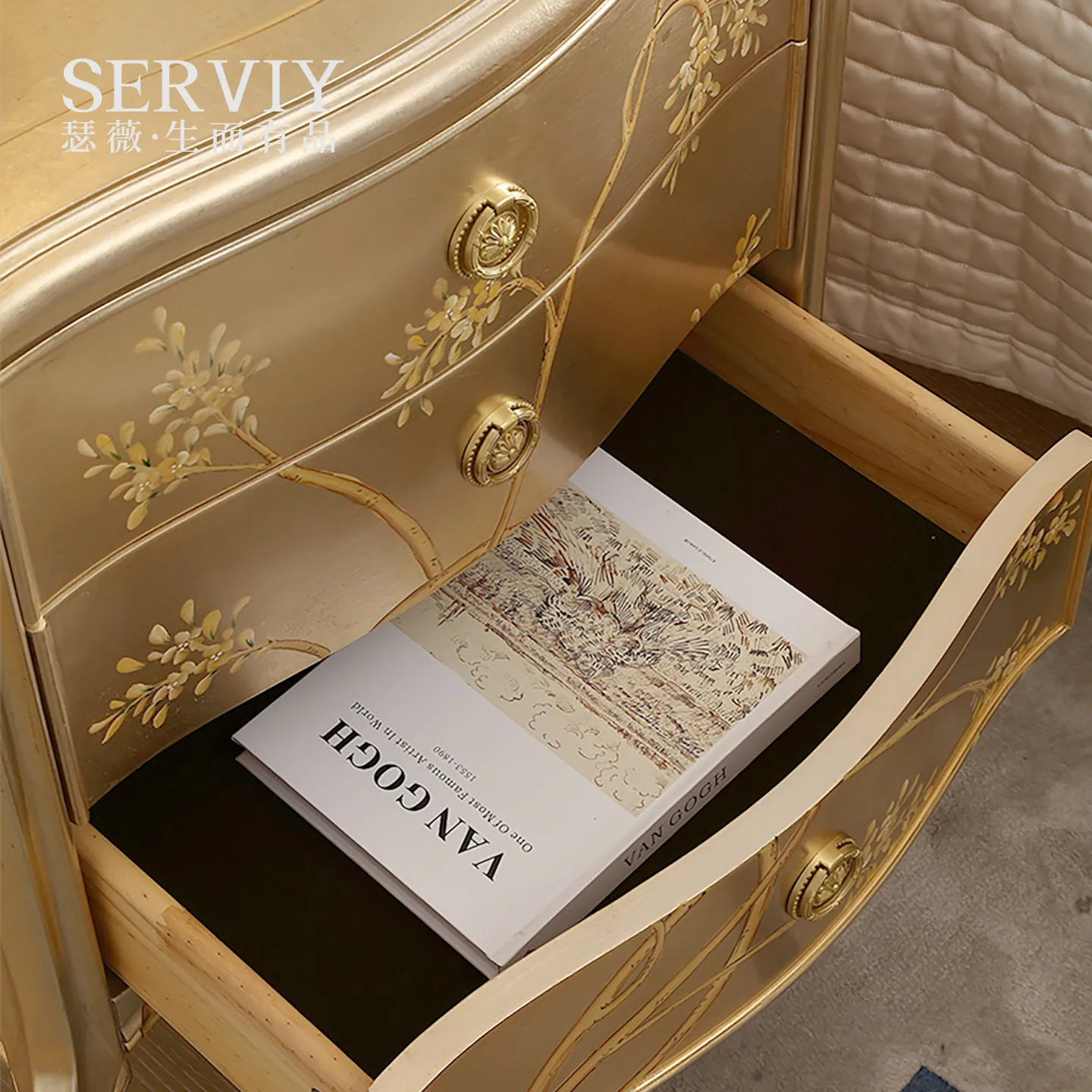 CX light luxury solid wood carving flower bedside, villa hand-painted master bedroom with bedside table