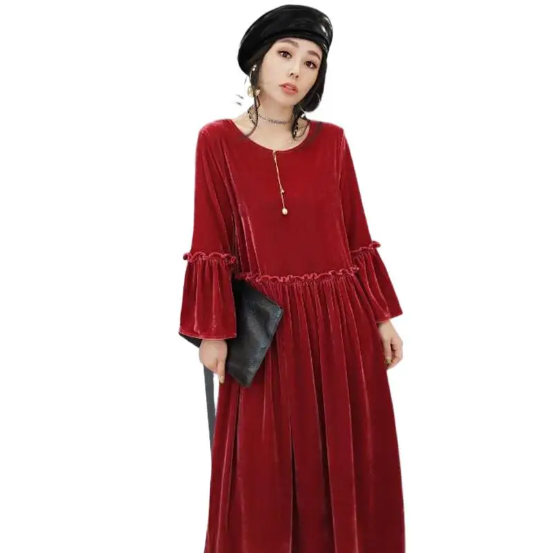 2022 Autunm Phong Cách Hàn Quốc Nữ Thanh Lịch Vintage Xếp Ly Xù Velour, Áo Tay Dài Đầm Dự Tiệc Vestidos