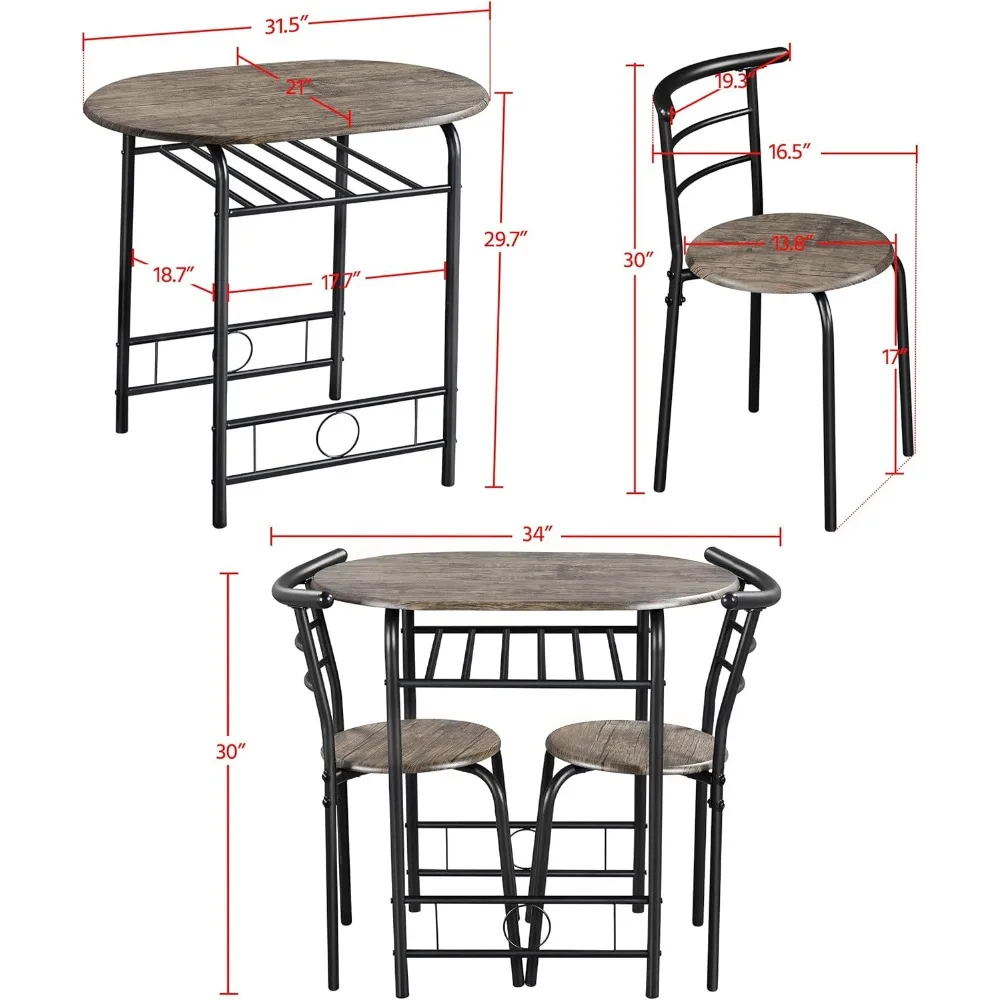 3 Piece Dining Table Set,Kitchen Table & Chair Sets for 2,Built-in Wine Rack for Apartment, Breakfast Nook,Drift Brown