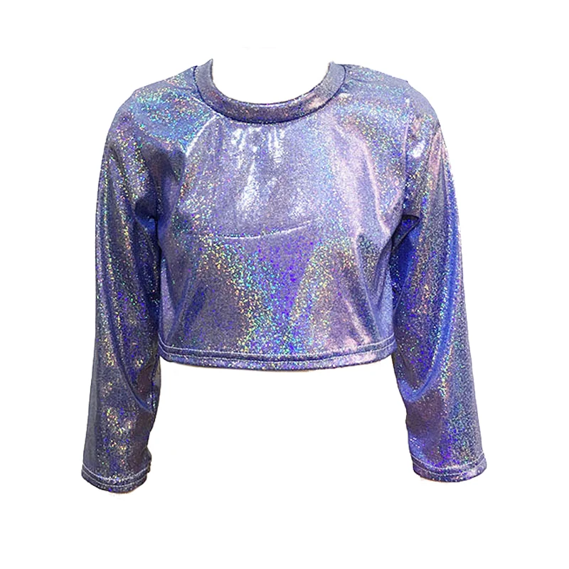 Child Adult Holographic T-shirt Dance Clothing Shiny Metallic Casual Loose Tops Laser Costume Performance Clothing Long-sleeved