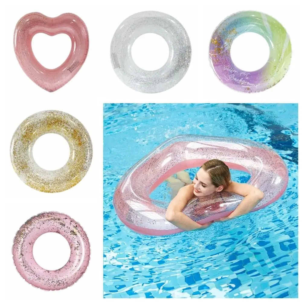 Glitter Sequin Swimming Ring Heart Transparent Pool Float Swimming Ring No Flip Over 90# Inflatable Swimming Circle