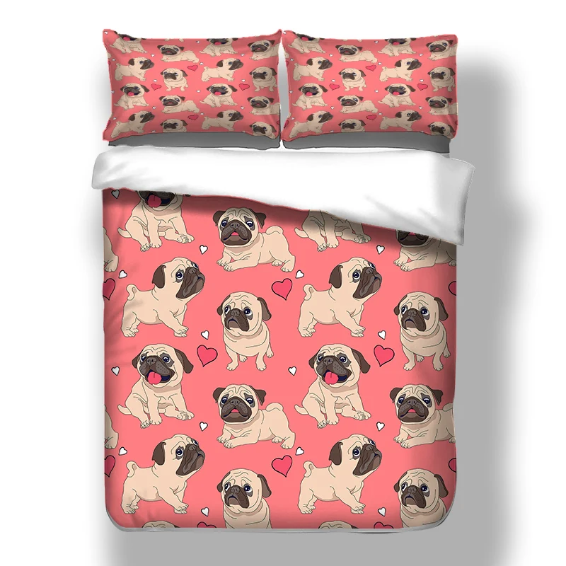 Single, Double, Queen, King, Twin & Full - Size Pink Bed Linen Set with Cute Pet Dog and Heart - shaped Patterns