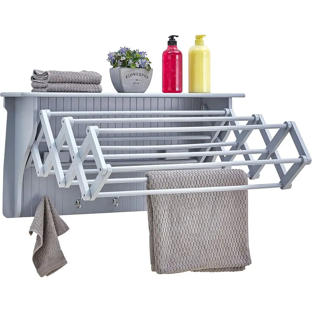 

. Настенная выдвижная сушилка-гармошка – идеально подходит для ванной комнаты или прачечной – светло-серая