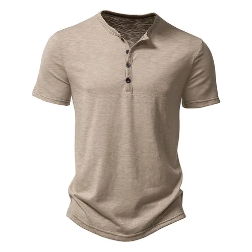 Imagen 1 del producto Camiseta de fibra de bambú para hombre, camisa de manga corta con cuello Henley, informal, de alta calidad, básica, a la moda, de verano
