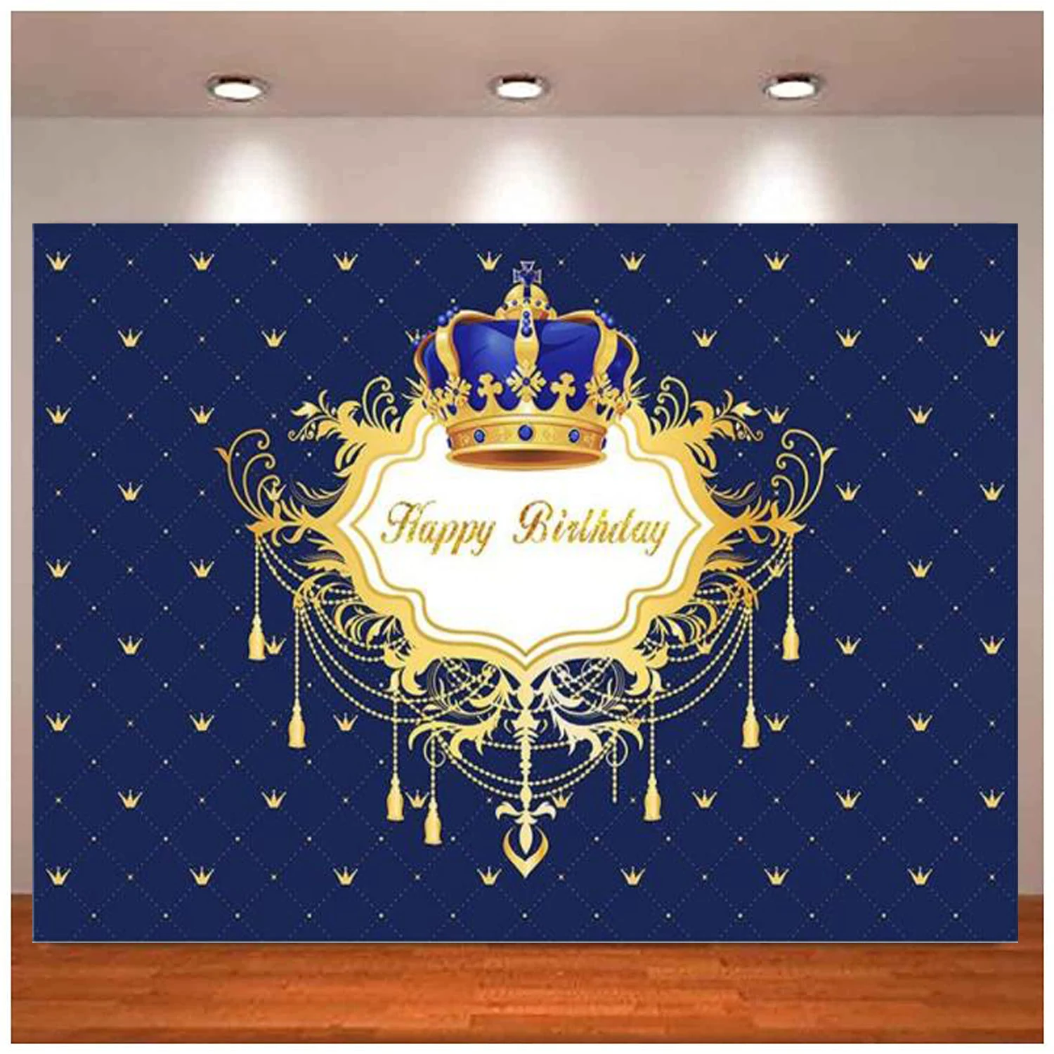 Blue And Gold Boy Happy Birthday Photo Background Little Prince Crown Royal Celebration Party Decor Banner Photography Backdrop