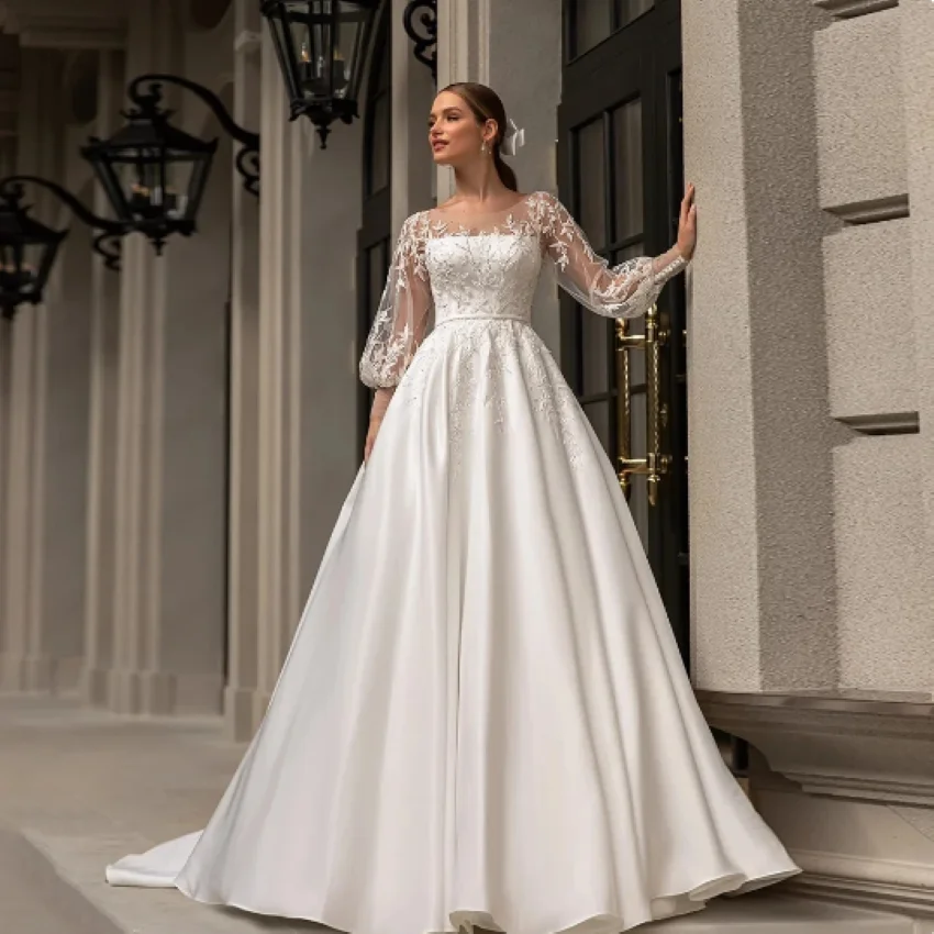 

A Line Fuffy Ruched Satin Ball Gowns Long Sleeve Formal Bride Beach Party Vestido De Novia Luxury Lace Appliques Wedding Dresses